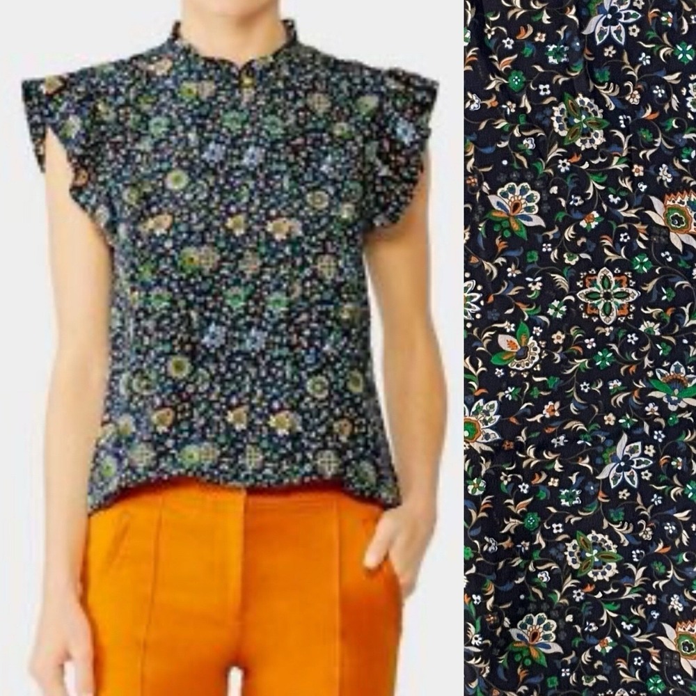 Tory Burch Silk Navy Floral Flutter Cap Sleeve Top Prairie Peasant Preppy‎ Y2K 0